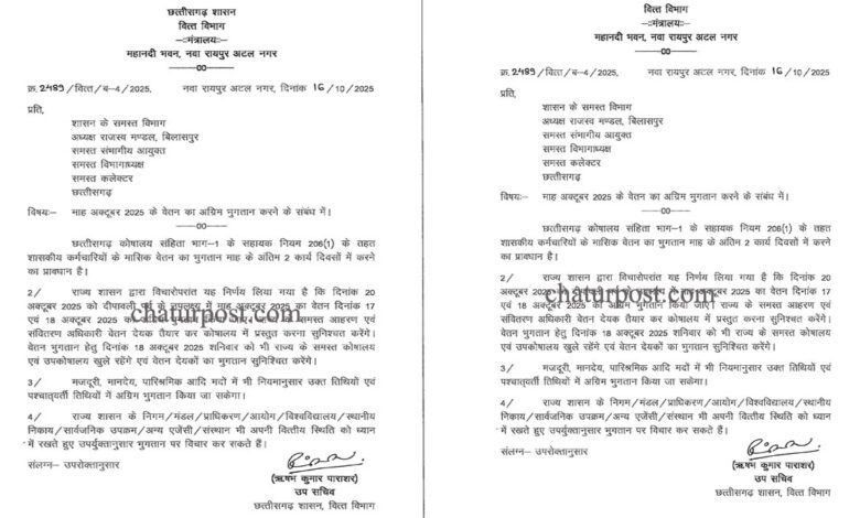 CG News छत्तीसगढ़ में सरकारी कर्मियों को दीपावली से पहले मिलेगा वेतन: वित्त विभाग ने जारी किया आदेश