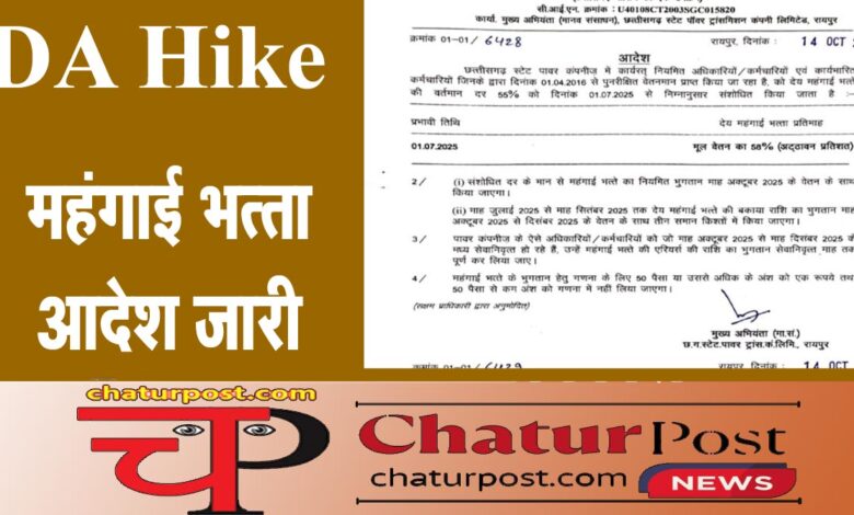 DA Hike छत्‍तीसगढ़ में बढ़ महंगाई भत्‍ता: DA और DR का एक साथ जारी हुआ आदेश, देखिए आर्डर
