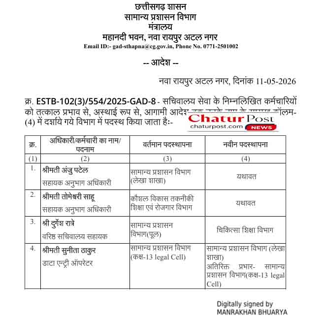 छत्‍तीसगढ़ सामान्‍य प्रशासन विभाग का आदेश